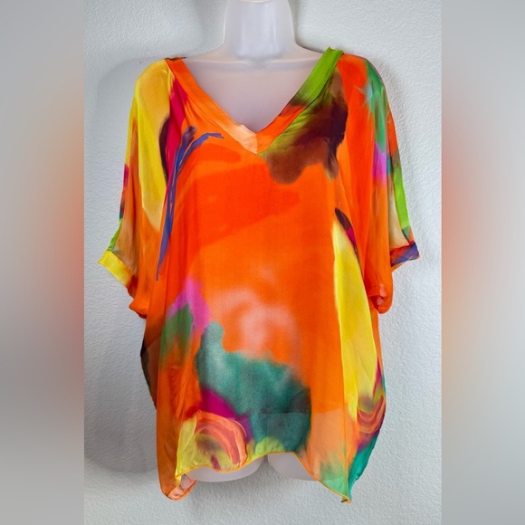 Marisma Silk Blend V-Neck Blouse Women’s One‎ Size Bright Watercolor Tunic Top - Picture 1 of 7